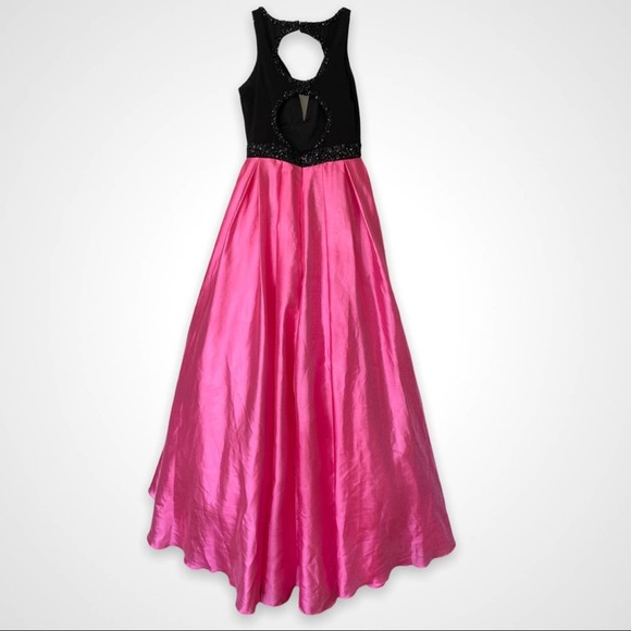 Formal Ballgown Prom Dress Pink Satin Black Beading Cut Out Size 12 Splash - Picture 4 of 11